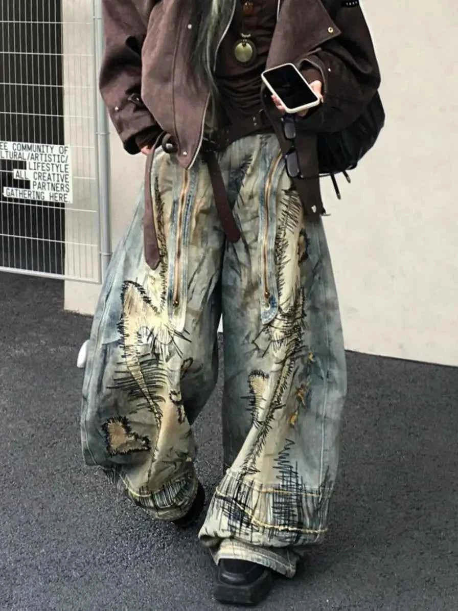 American Street Destruction Style Embroidered Denim Pants Oversized Retro Wash Personality Fashion Loose Casual Wide Leg Jeans