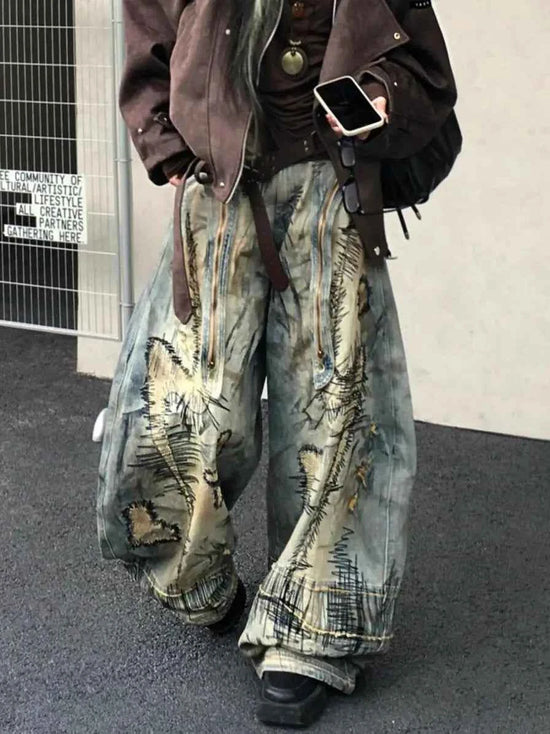 American Street Destruction Style Embroidered Denim Pants Oversized Retro Wash Personality Fashion Loose Casual Wide Leg Jeans