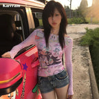 Karrram Japanese Y2k Anime Print Mesh Tops 2000s Aesthetics Pink Sheer Top Vintage Harajuku Kawaii See Through T-shirt Lolita SS69