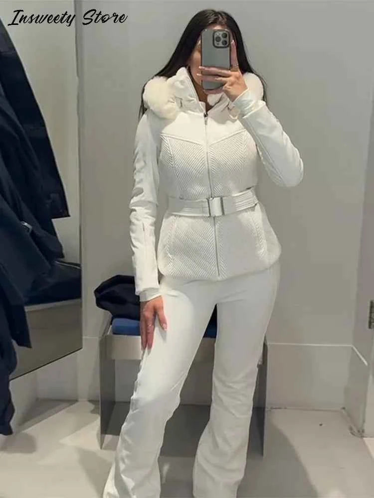Fashion Solid Warm Ski Suit Women's Hood Fur Trim Full Sleeves Belt Coats High Waist Pants 2025 Winter Lady Windproof Tracksuit