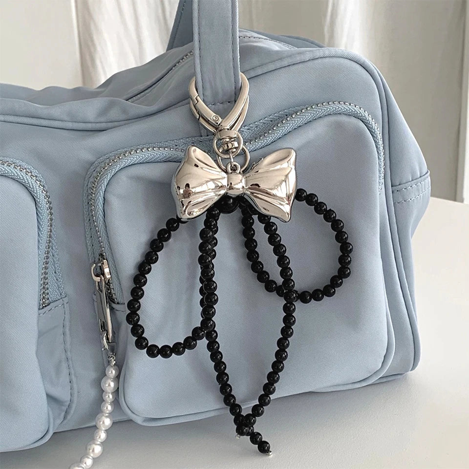 ZAKOL Y2K Korean Cute Beaded Pearl Bowknot Keychain for Women Girls Metal Bow Pendant Bag Decoration Accessories SS69 9.69 Black set