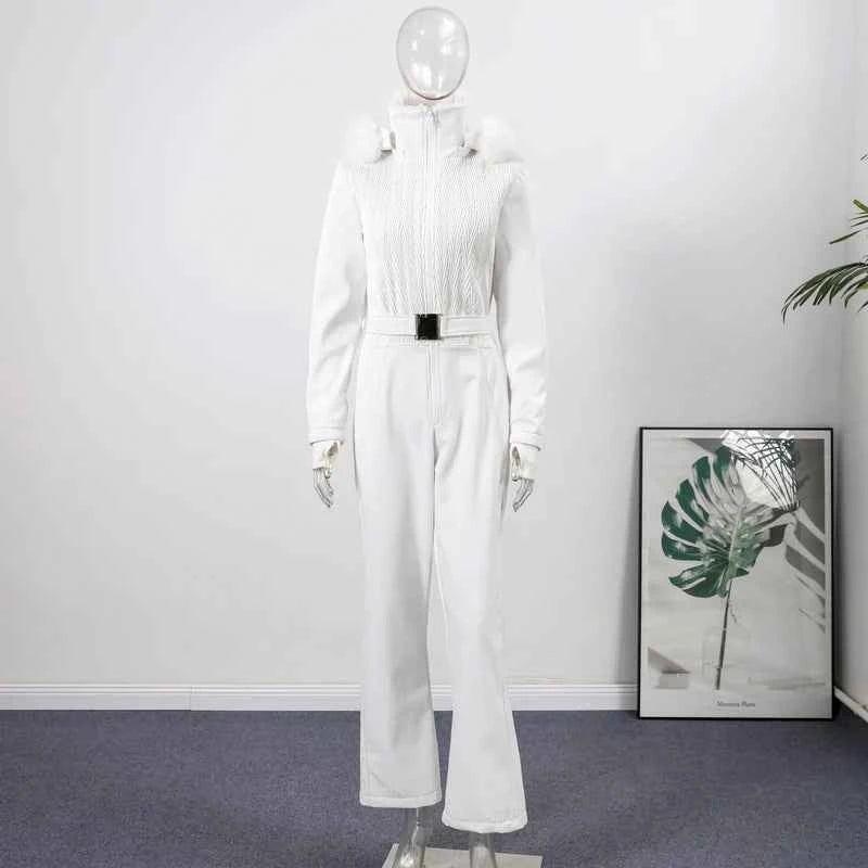 Fashion Solid Warm Ski Suit Women's Hood Fur Trim Full Sleeves Belt Coats High Waist Pants 2025 Winter Lady Windproof Tracksuit