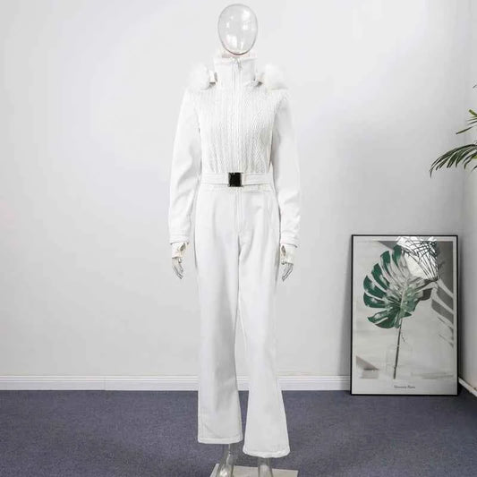 Fashion Solid Warm Ski Suit Women's Hood Fur Trim Full Sleeves Belt Coats High Waist Pants 2025 Winter Lady Windproof Tracksuit