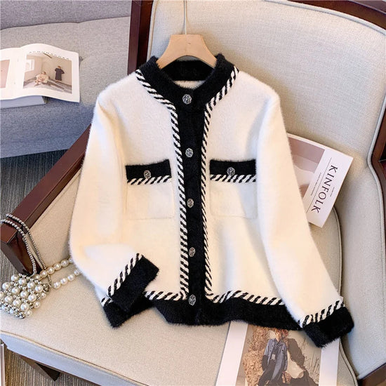 Vintage Elegant Plaid Knitted Cardigan Sweater For Women 2025 Autumn Winter Long Sleeve V-neck Tops Knitwear Fashion Chic Jumper SS69 37.69 white O Neck / XXL