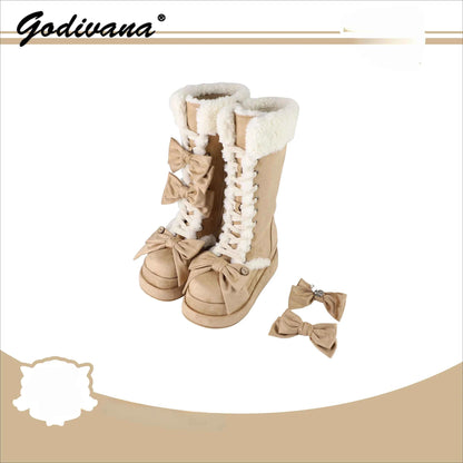 Lolita Winter Calf Boots Original Cute Bow Women's Warm Snow Boots Plush Warm Girl Female Suede Long Fur Boots