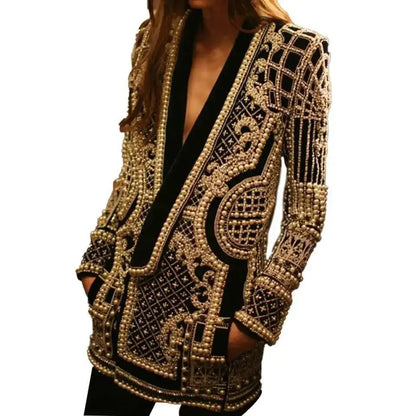 Pearl Embroidery Female Jacket, Full Sleeve Slim Jackets, V Neck, Hidden Button Print Suit, Large Size, Fall Fashion SS69 23.69 Phohocolor / S