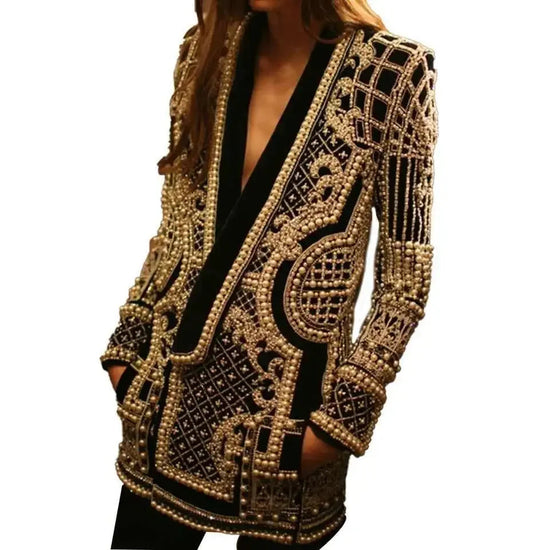 Pearl Embroidery Female Jacket, Full Sleeve Slim Jackets, V Neck, Hidden Button Print Suit, Large Size, Fall Fashion SS69 23.69 Phohocolor / S