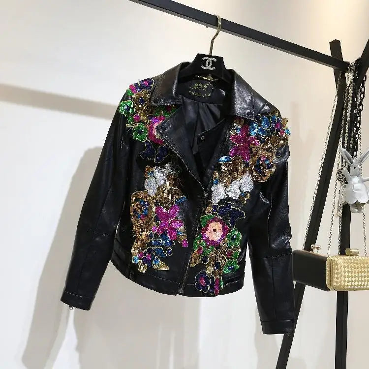 Chic Floral Sequined Embroidery Faux Leather Jacket Short Locomotive PU Coat Diamonds Beaded Turn Down Collar Zippers Streetwear SS69