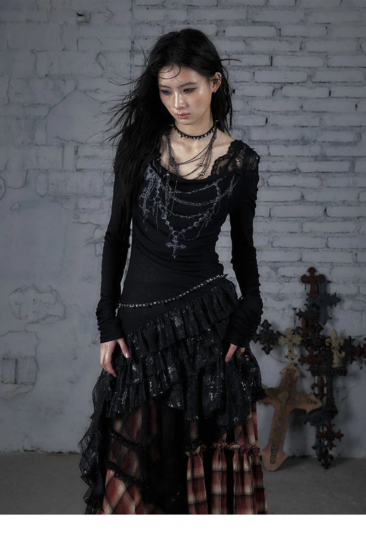 NO ROMANCE Fairy Sexy Punk Printing Half Transparent Lace Patch Knitted Long Sleeve Hooded Dresses Rock Gothic Design Vestidos SS69