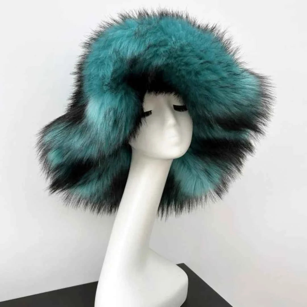 Luxury Fluffy Women Faux Fur Bucket Hats Oversized 17cm Wide Brim Thicken Outdoor Warm Plush Punk Hat Girl Y2k Female Ski Panama