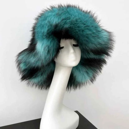 Luxury Fluffy Women Faux Fur Bucket Hats Oversized 17cm Wide Brim Thicken Outdoor Warm Plush Punk Hat Girl Y2k Female Ski Panama