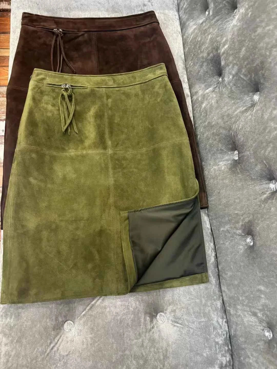 Retro Brown Genuine Kid Suede Real Leather Pencil Skirt Side Slit Soft Lambskin Midi Skirt with Knee Length Women