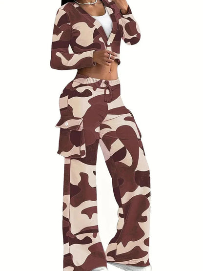 Camo Print Cargo Pants Sets Sexy Crop Tops & Elastic High Waist Wide Leg Trousers Women's Two Pieces Set Casual SweatOutfits SS69 26.69 Wine Red / S