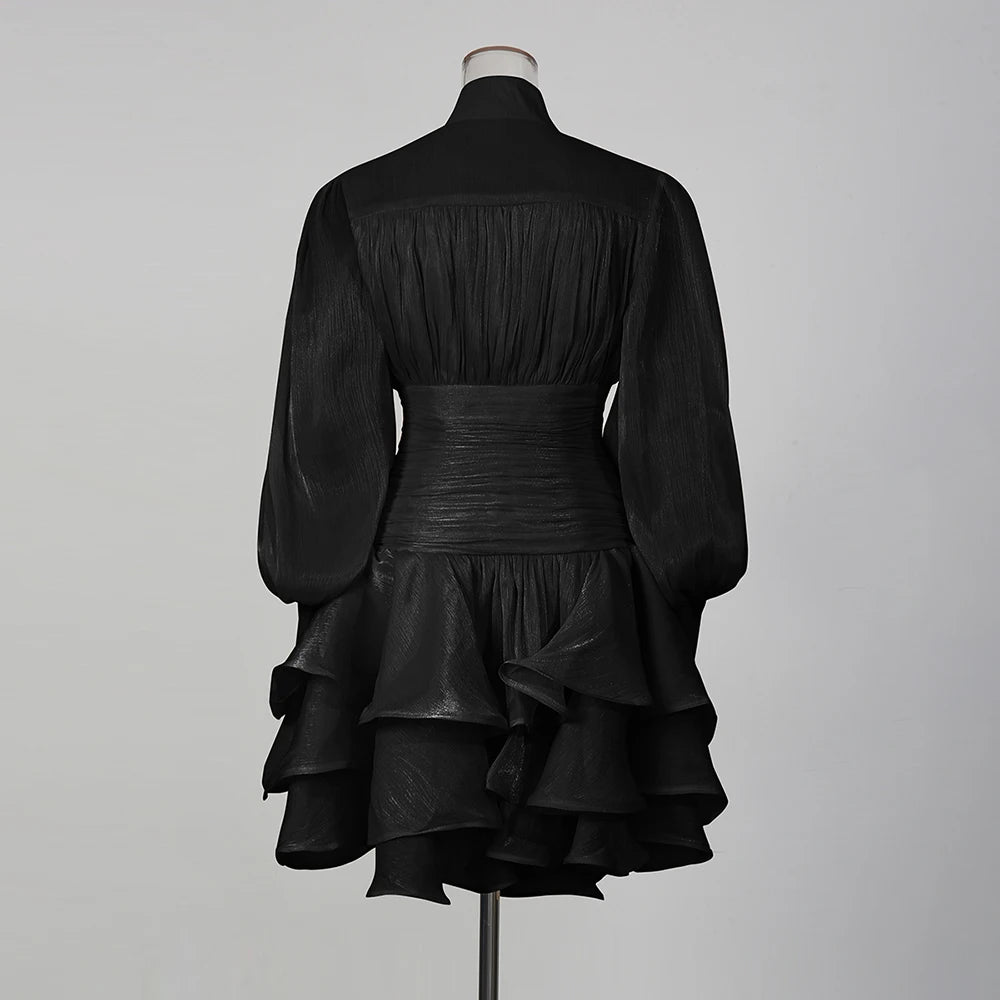 TWOTWINSTYLE Solid Spliced Ruffles Dress Female Stand Collar Long Sleeve Loose French Elegant Women's Dresses Autumn Fashion New