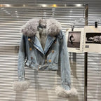 Winter Women Denim Coat Jacket Fox Collar Short  Warm High Street Outerwear Thicken Coat High Quality Luxury Design Party Wear