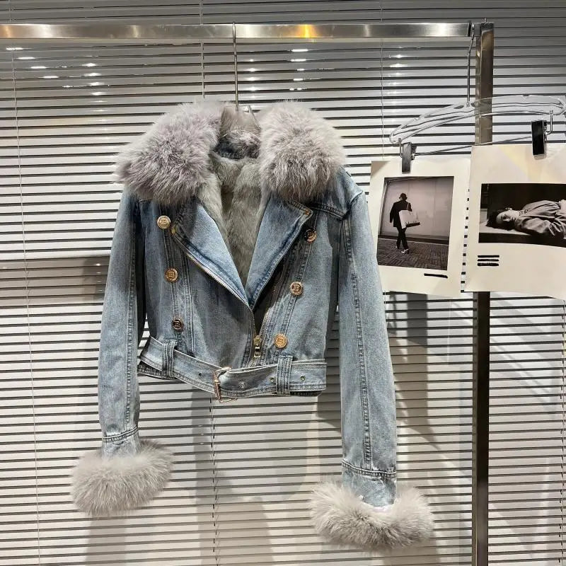 Winter Women Denim Coat Jacket Fox Collar Short  Warm High Street Outerwear Thicken Coat High Quality Luxury Design Party Wear