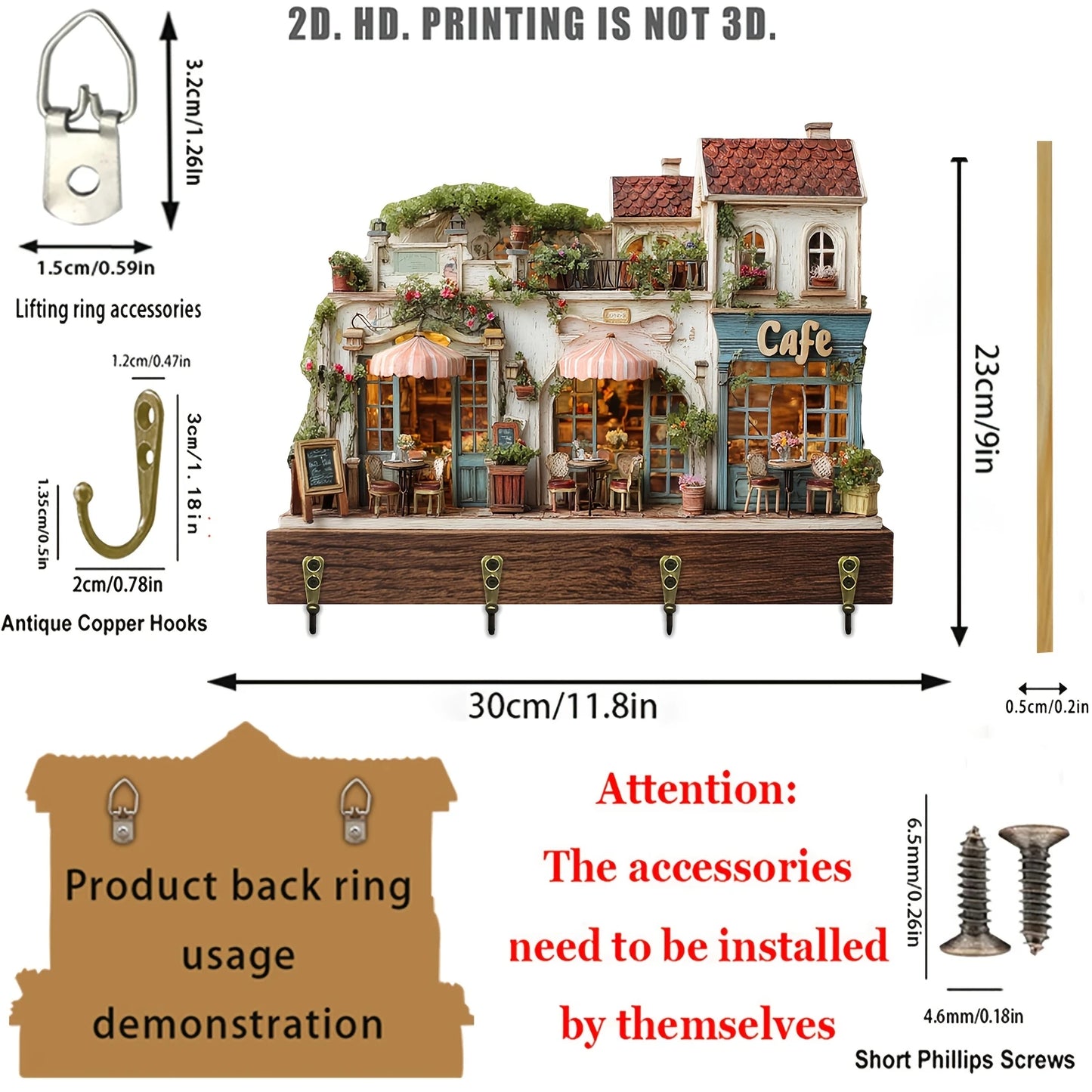 SS69 2D European Coffee House Wooden Wall-Mounted Key Holder with 4 Hooks