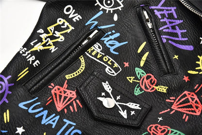 Fashion chain beading leather jacket Locomotive graffiti cartoon pu Leather Jacket female Punk Motorcyle Jacket with belt F2161 SS69