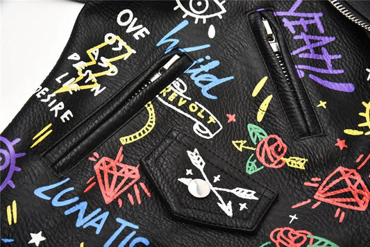 Fashion chain beading leather jacket Locomotive graffiti cartoon pu Leather Jacket female Punk Motorcyle Jacket with belt F2161 SS69