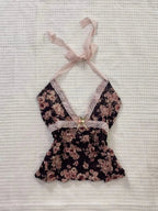 2025 Summer Woman Floral Halter Lace Blouse 2025 Vintage Sexy Slim Fit Fairy Korean Fashion Female Tops Outfits Elegant Style SS69