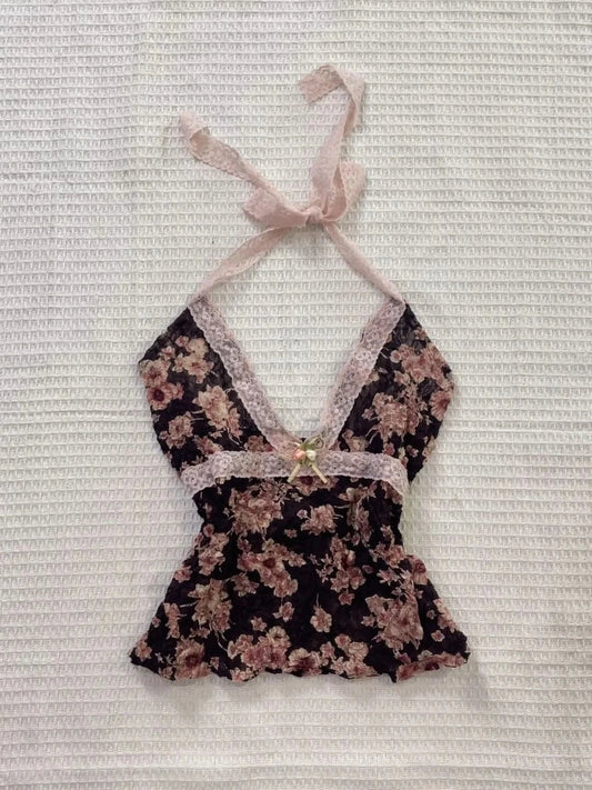 2025 Summer Woman Floral Halter Lace Blouse 2025 Vintage Sexy Slim Fit Fairy Korean Fashion Female Tops Outfits Elegant Style SS69