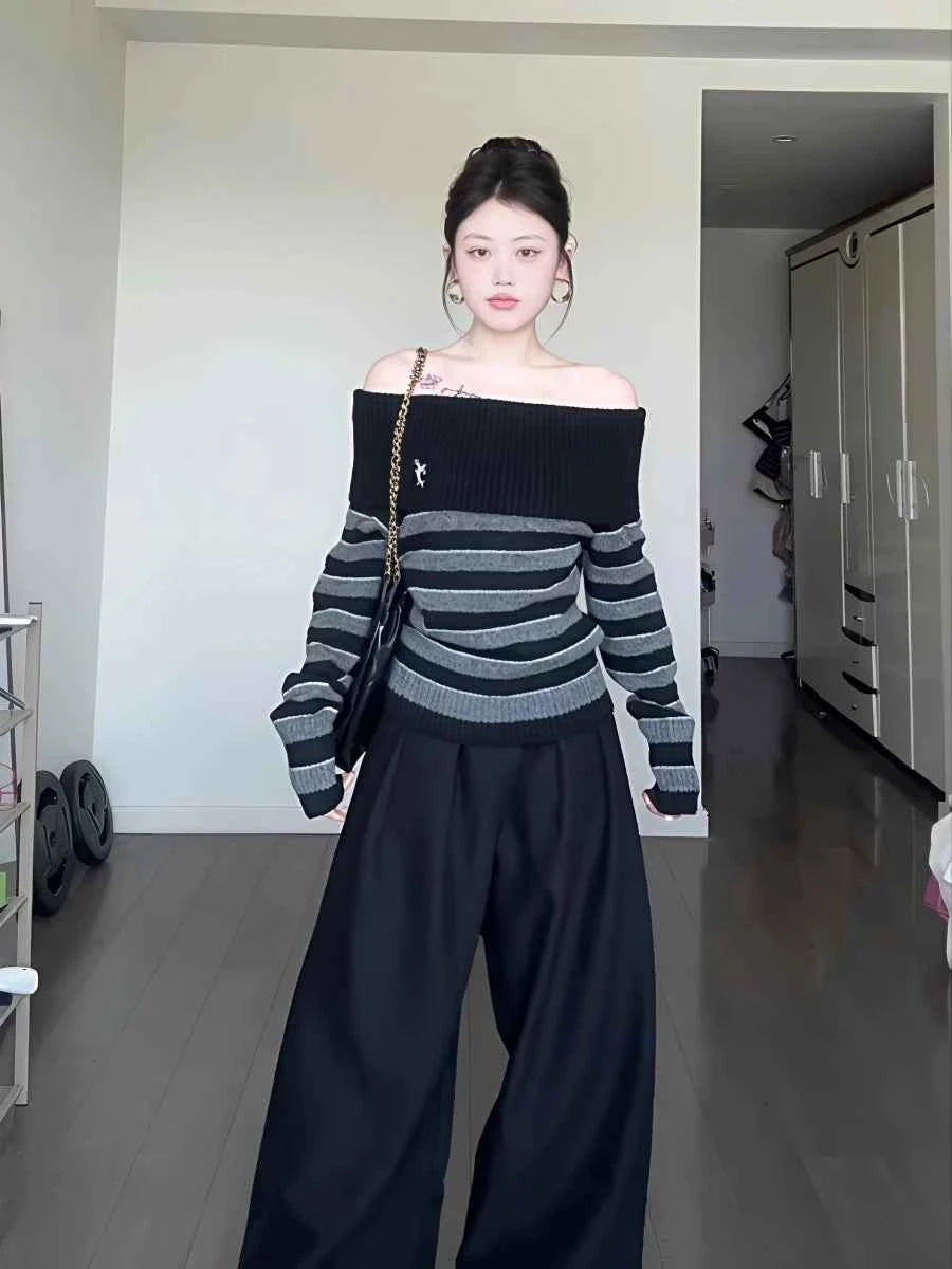 2025 Autumn Winter Women Long Sleeve Slash Neck Striped Cuddly Sweater Knitwear 2000s Jumper Gyaru Coquette Korean Fashion New