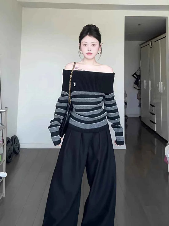 2025 Autumn Winter Women Long Sleeve Slash Neck Striped Cuddly Sweater Knitwear 2000s Jumper Gyaru Coquette Korean Fashion New