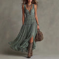 Women Boho Sleeveless V Neck Tiered Pleated Maxi Dress Ruffled Chiffon Flowy Split Hem Vintage Country Casual Western Long Dress