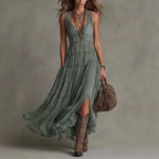 Women Boho Sleeveless V Neck Tiered Pleated Maxi Dress Ruffled Chiffon Flowy Split Hem Vintage Country Casual Western Long Dress