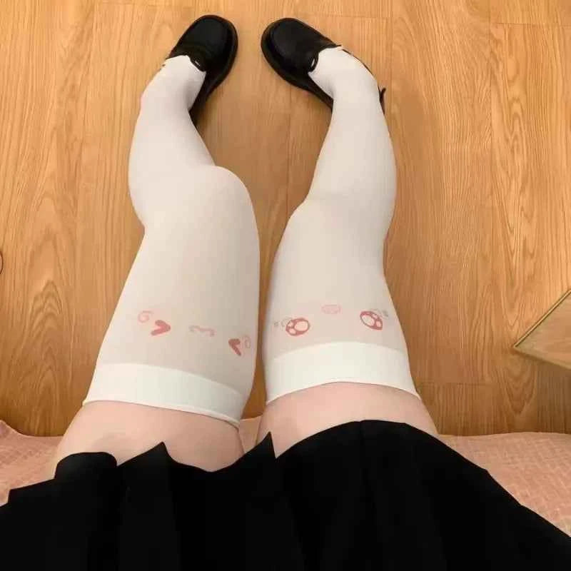 SS69 Japanese Kawaii Expression Thigh High Socks - White Plaid Over Knee