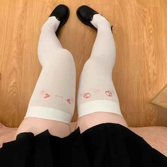 SS69 Japanese Kawaii Expression Thigh High Socks - White Plaid Over Knee