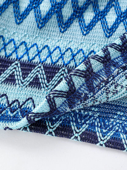 Geo Pattern Beaded Halter Crop Top, Vacation Style Backless Crop Top For Summer, Women's Clothing SS69