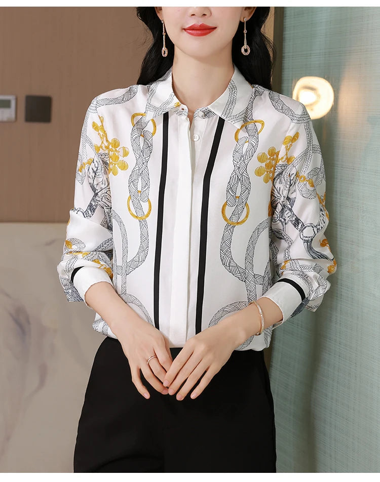 Camisas Newest Exclusive Women Luxury Shirt Long Sleeve Lapel Satin Shirt Old Money Print Brand Design Shirt OL Blouse руба