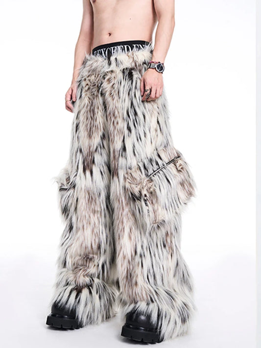 Mauroicardi Autumn Winter Long Colorful Thick Warm Hairy Fluffy Faux Fur Wide Leg Pants Men Pockets Runway Fashion Streetwear