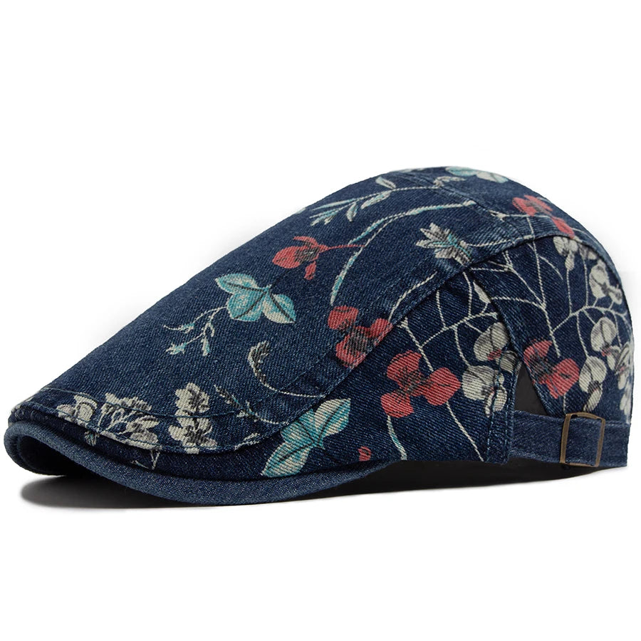 Vintage Floral Print Cotton Beret Hat - Adjustable Newsboy Cap