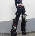 Cyber Punk Unisex Cargo Wide Leg Pants Chain Bandage Ruched Tie Capris Pants Women Gothic Baggy Trousers BF Hippie Grunge Jogger SS69 45.69 3 / M