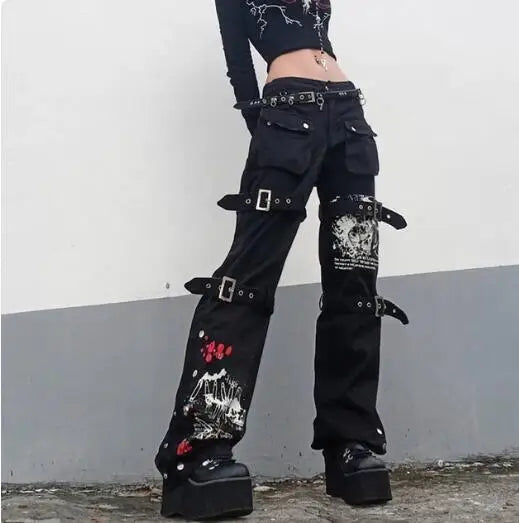 Cyber Punk Unisex Cargo Wide Leg Pants Chain Bandage Ruched Tie Capris Pants Women Gothic Baggy Trousers BF Hippie Grunge Jogger SS69 45.69 3 / M