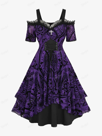 ROSEGAL Women's Plus Size Cold Shoulder A-Line Dress Knee-Length Floral