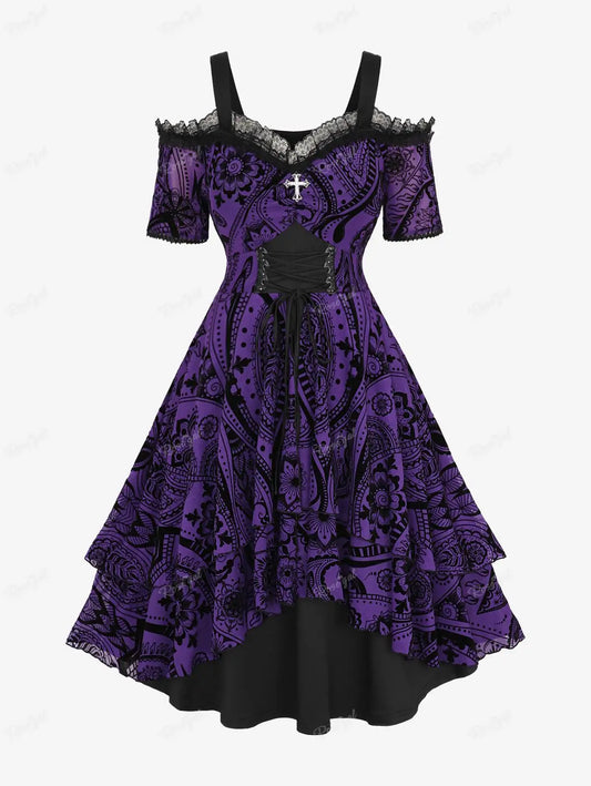 ROSEGAL Women's Plus Size Cold Shoulder A-Line Dress Knee-Length Floral