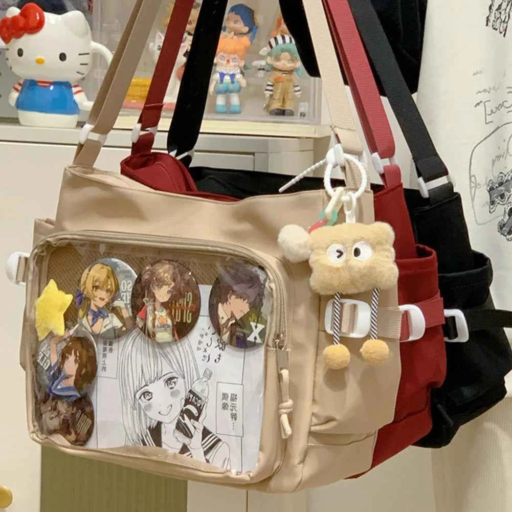 Women Ita Bag Japanese Style Shoulder Purse with Clear Window Cartoon Book Bag Multi-pockets Adjustable Strap Trendy Outdoor Bag