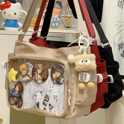 Women Ita Bag Japanese Style Shoulder Purse with Clear Window Cartoon Book Bag Multi-pockets Adjustable Strap Trendy Outdoor Bag