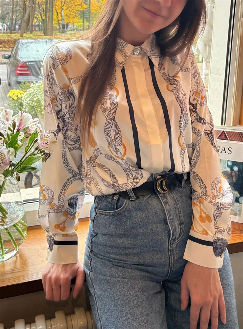 Camisas Newest Exclusive Women Luxury Shirt Long Sleeve Lapel Satin Shirt Old Money Print Brand Design Shirt OL Blouse руба