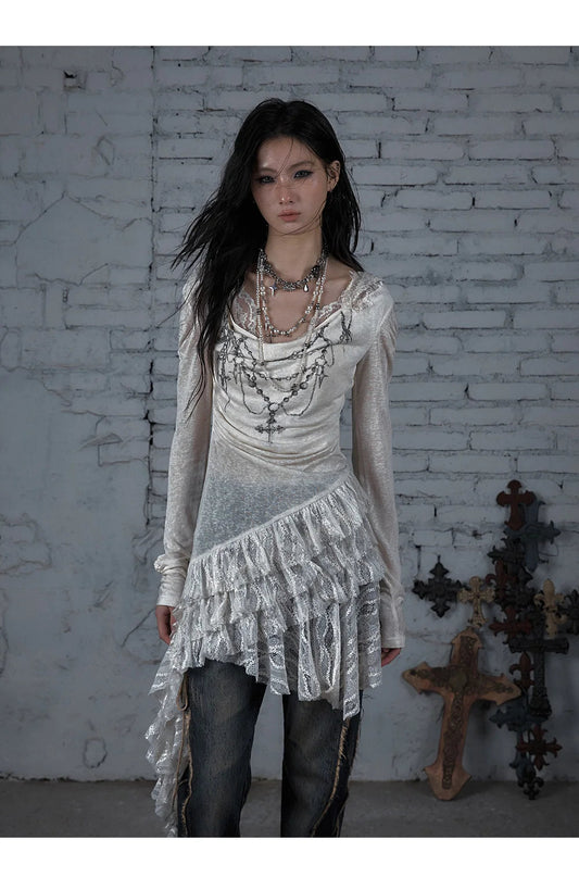 NO ROMANCE Fairy Sexy Punk Printing Half Transparent Lace Patch Knitted Long Sleeve Hooded Dresses Rock Gothic Design Vestidos SS69