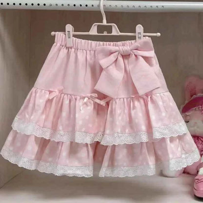 Y2K JK Lolita Japan Kawaii Girl Cute Sweet Lace T-shirt Lolita Print Tops Bow Cake Blouse  A-line Spliced Cake Skirt New Chic