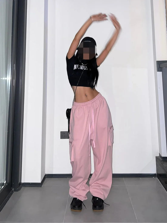 Y2K Pink Cargo Parachute Pants Oversize Hip Hop Jogging Sweatpants Egirl 90s Aesthetic Vintage Wide Leg Trousers Female SS69