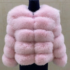 WGLUVF Women's Real Fox Fur Short O-Neck Coat