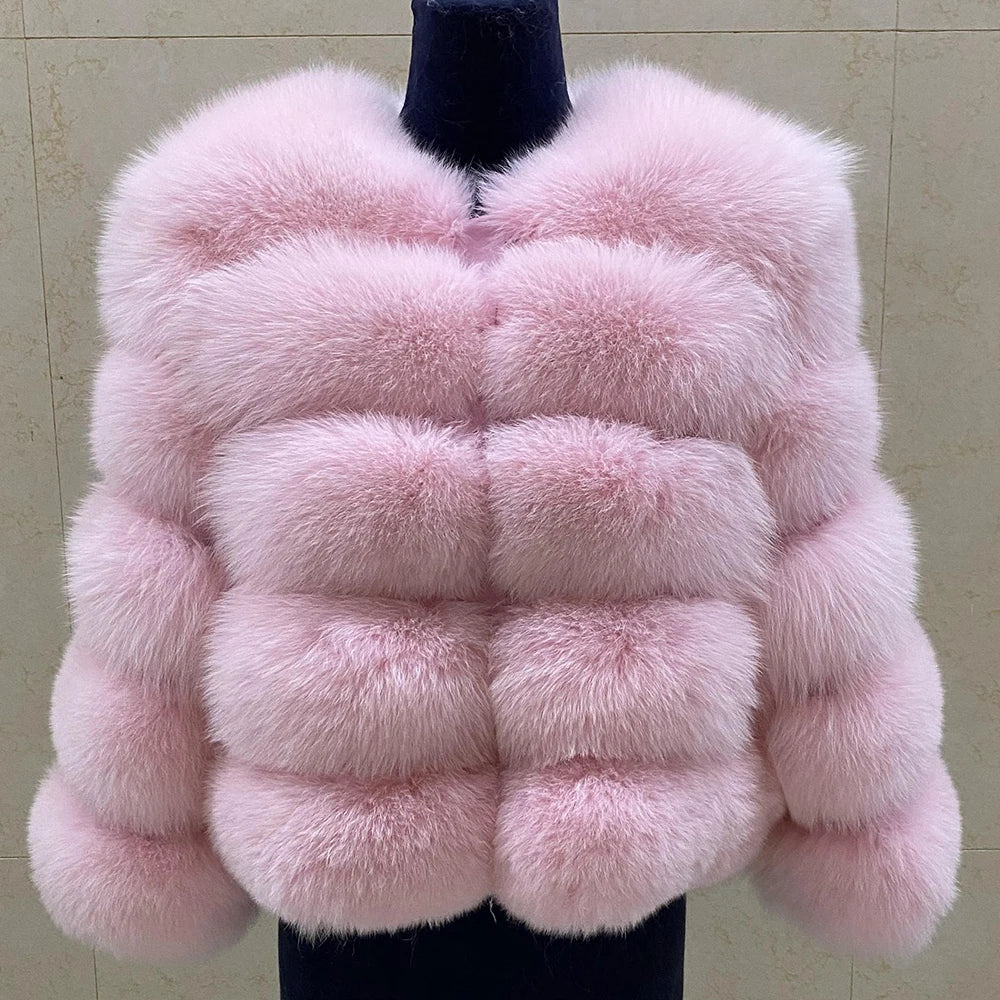 WGLUVF Women's Real Fox Fur Short O-Neck Coat
