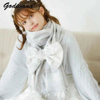 Japanese Liz New Lazy Wind Girls Sweet Plaid Lace Bow Scarf Soft Warm Women's Winter Lolita Scarf
