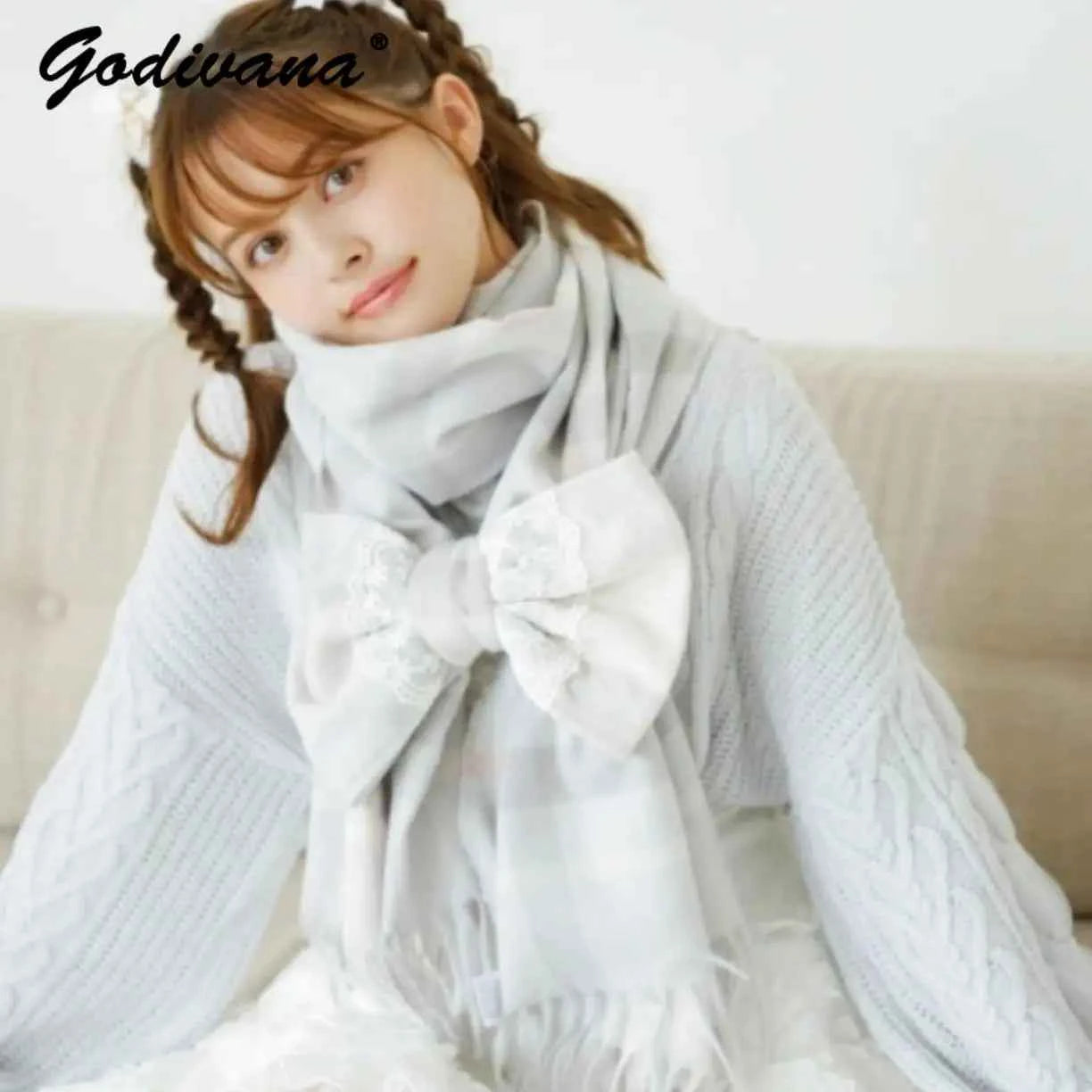 Japanese Liz New Lazy Wind Girls Sweet Plaid Lace Bow Scarf Soft Warm Women's Winter Lolita Scarf