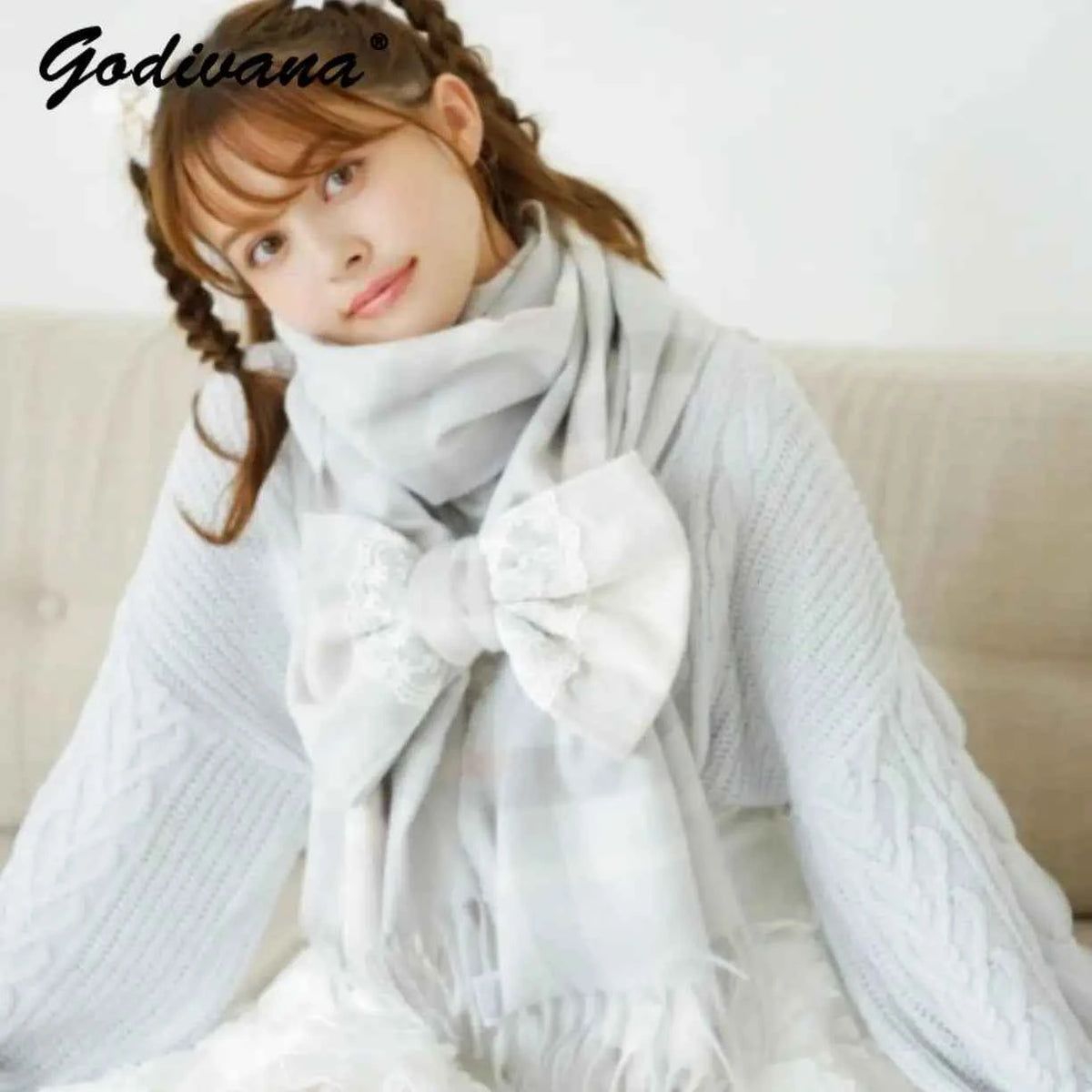 Japanese Liz New Lazy Wind Girls Sweet Plaid Lace Bow Scarf Soft Warm Women's Winter Lolita Scarf